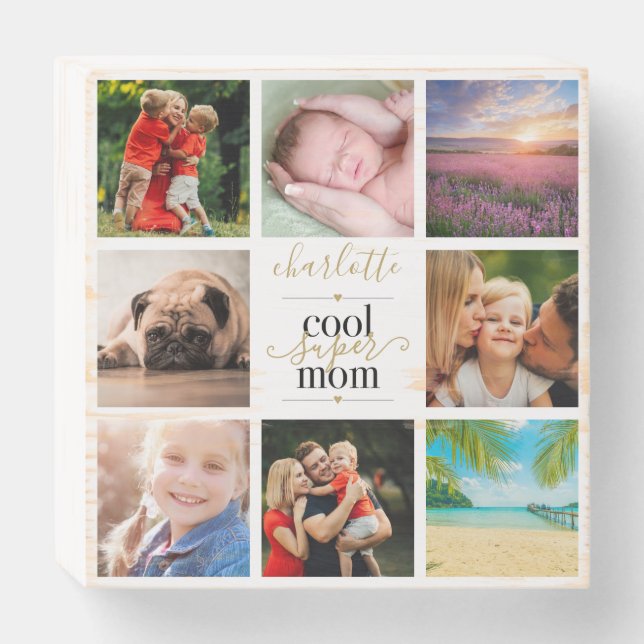 8 Photo Collage Cool Super Mom Personalized Wooden Box Sign (Front Horizontal)