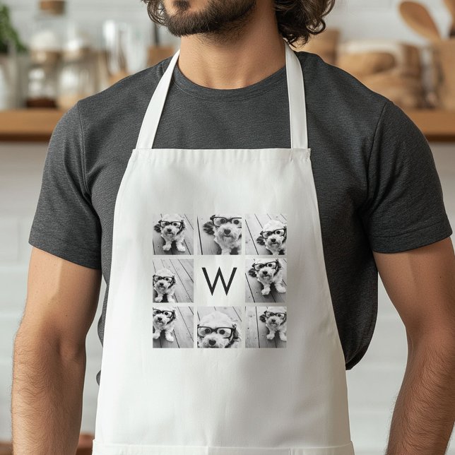 8 Photo Collage Custom Monogram Black and White Adult Apron (Custom Apron with a Photo Collage)