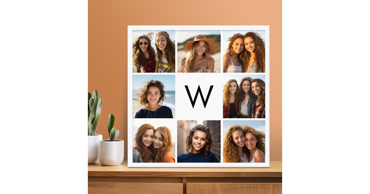 8 Photo Collage Custom Monogram Black and White Canvas Print | Zazzle