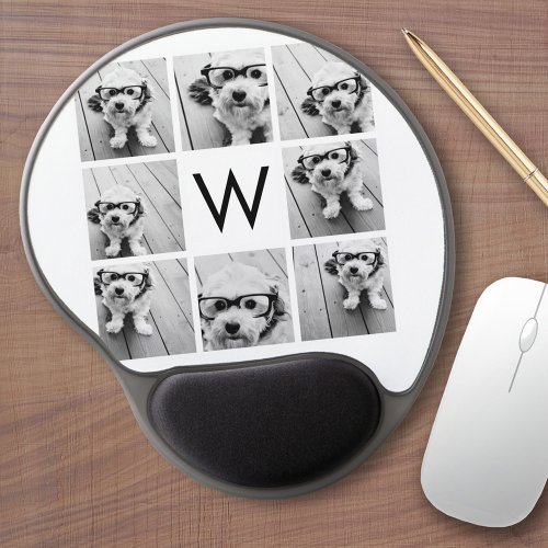 8 Photo Collage Custom Monogram Black and White Gel Mouse Pad