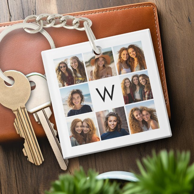 8 Photo Collage Custom Monogram Black and White Keychain (Personalized keychain with photo collage and monogram)