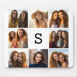 8 Photo Collage Custom Monogram Black and White Mouse Pad