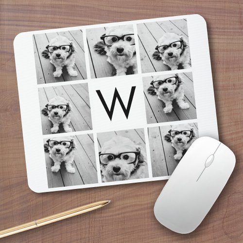 8 Photo Collage Custom Monogram Black and White Mouse Pad