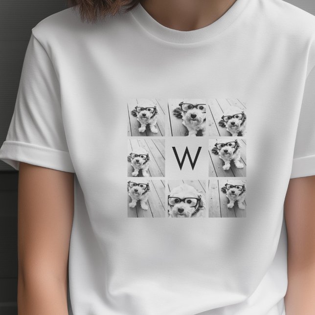 8 Photo Collage Custom Monogram Black and White T-Shirt (Custom Photo T-shirt)