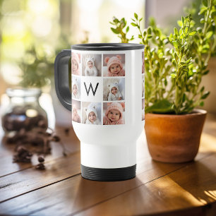 8 Photo Collage Custom Monogram Black and White Travel Mug