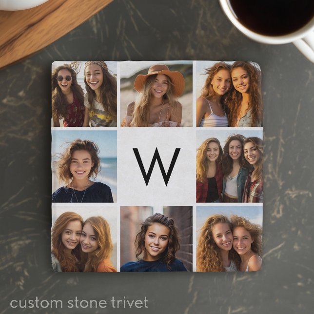 8 Photo Collage Custom Monogram Black and White Trivet (Custom Stone Trivet with a Photo Collage and Text)