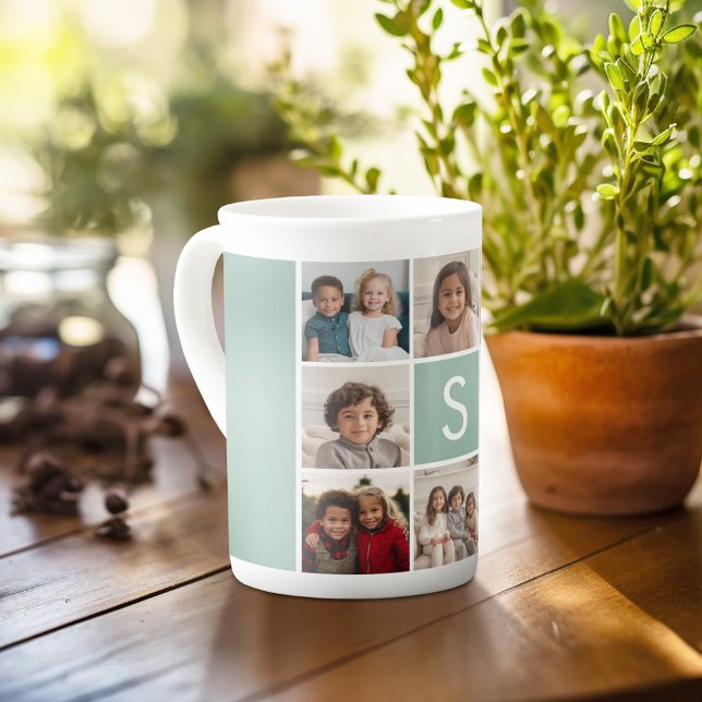 8 Photo Collage Custom Monogram Mint Green Bone China Mug (Personalized mug with photos and a monogram)