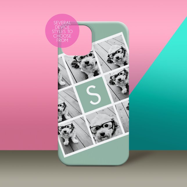 8 Photo Collage Custom Monogram Mint Green Case-Mate iPhone Case (Personalized Phone Case with Custom Photos and Text - Pick Your Device Style)
