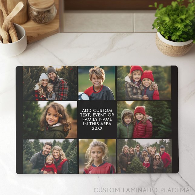 8 Photo Collage - Custom Text - Black Background Placemat (Custom Photo Gallery on a Placemat)