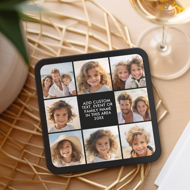 8 Photo Collage - Custom Text - Black Background Square Paper Coaster (Personalized coaster - 8 photo collage)