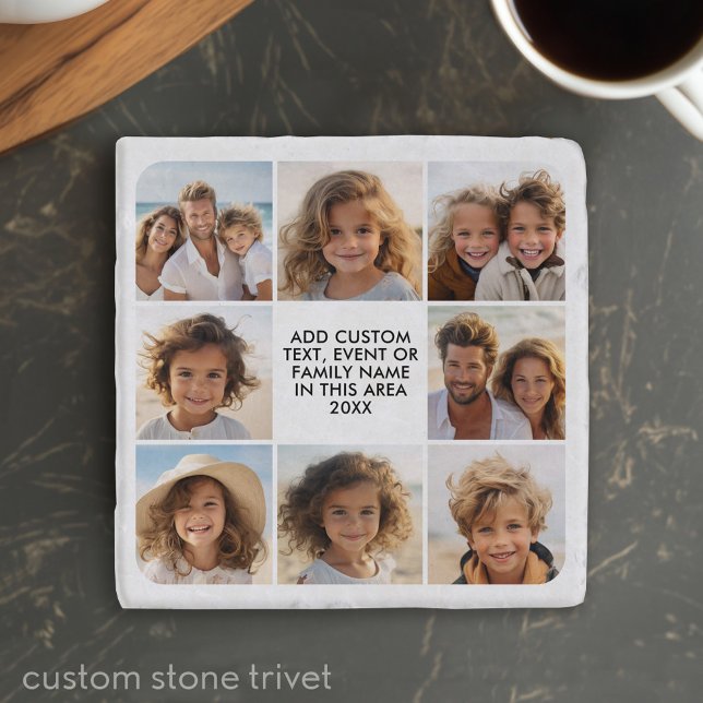 8 Photo Collage - Custom Text - Black Background Trivet (Custom Stone Trivet with a Photo Collage and Text)