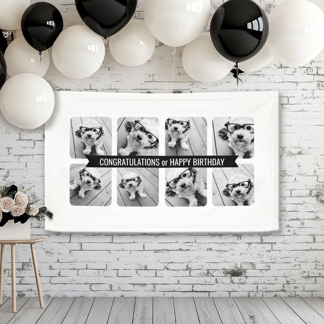 8 Photo Collage - Custom Text Ribbon - Black White Banner (Custom Birthday Banner)