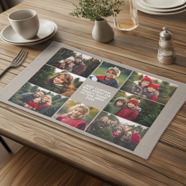 8 Photo Collage - Custom Text - Taupe Background Cloth Placemat (Custom Cloth Place met with Photo Collage)