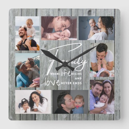 8 Photo Collage Family  Love Quote Gray Wood Square Wall Clock