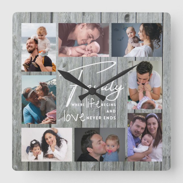 8 Photo Collage Family  Love Quote Gray Wood Square Wall Clock (Front)