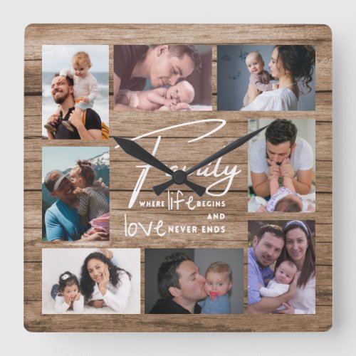 8 Photo Collage Family  Love Quote Rustic Wood   Square Wall Clock