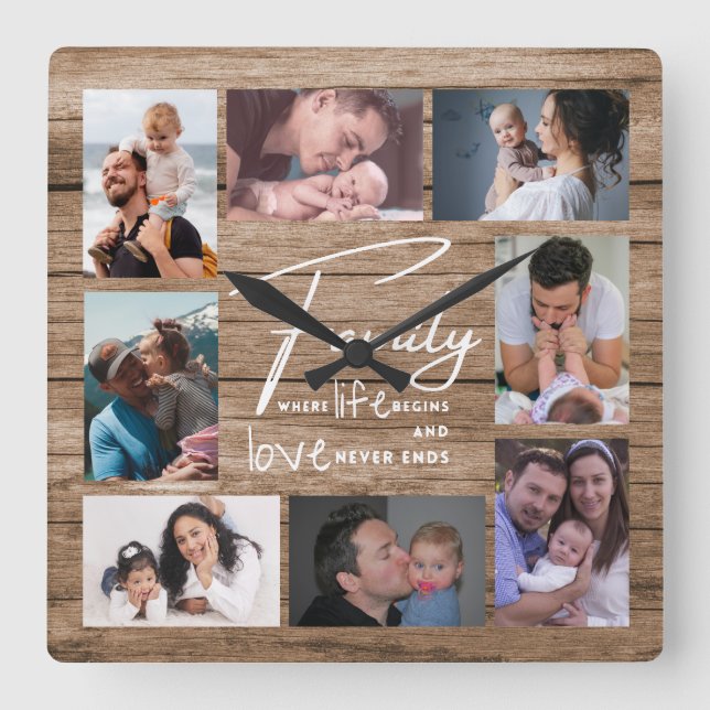 8 Photo Collage Family  Love Quote Rustic Wood   Square Wall Clock (Front)
