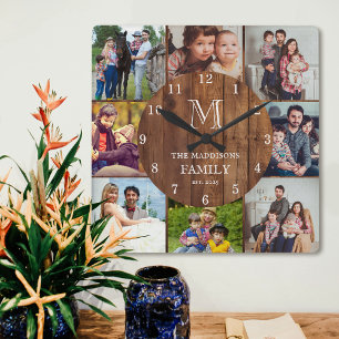 8 Photo Collage Family Monogram & Name Rustic Wood Square Wall Clock