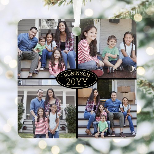 8 Photo Collage Family Name Elegant Black and Gold Metal Ornament