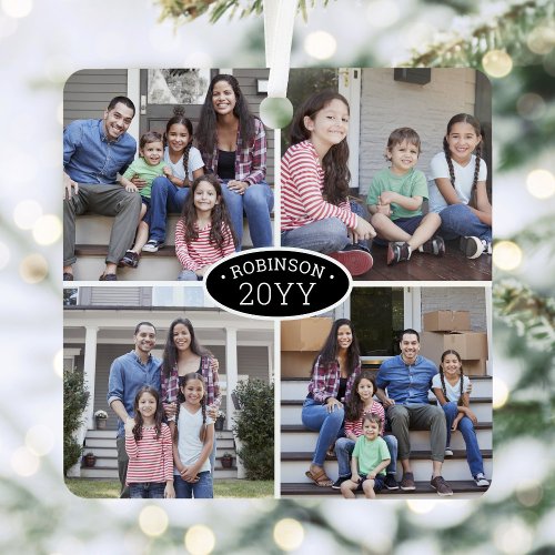 8 Photo Collage Family Name  Year Black  White Metal Ornament