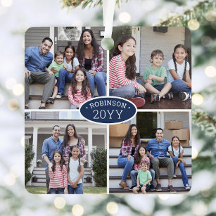 8 Photo Collage Family Name & Year Navy Blue White Metal Ornament