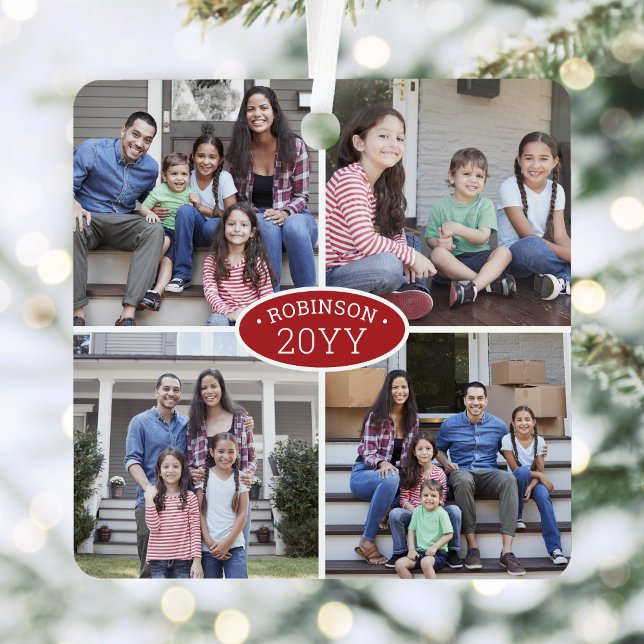 8 Photo Collage Family Name & Year Red & White Metal Ornament (Creator Uploaded)