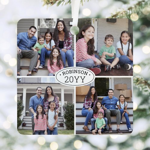 8 Photo Collage Family Name  Year Simple White Metal Ornament