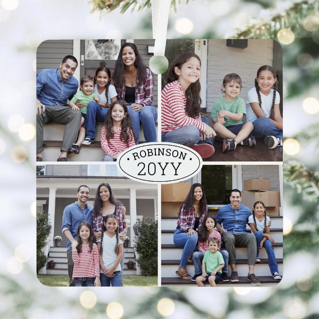 8 Photo Collage Family Name & Year Simple White Metal Ornament (Creator Uploaded)