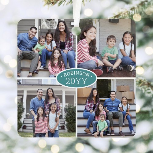 8 Photo Collage Family Name  Year Teal  White Metal Ornament