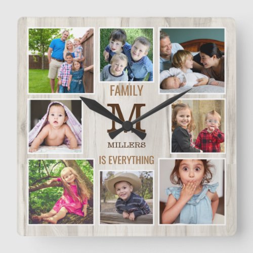 8 Photo Collage Family Quote Natural Wood Monogram Square Wall Clock