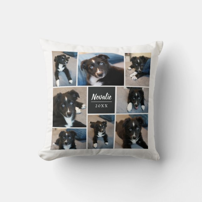 8 Photo Collage | Floral Pattern | Muted Black Throw Pillow (Front)