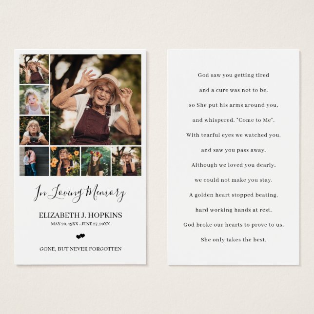 8 Photo Collage Funeral Memorial Prayer Cards (Front & Back)