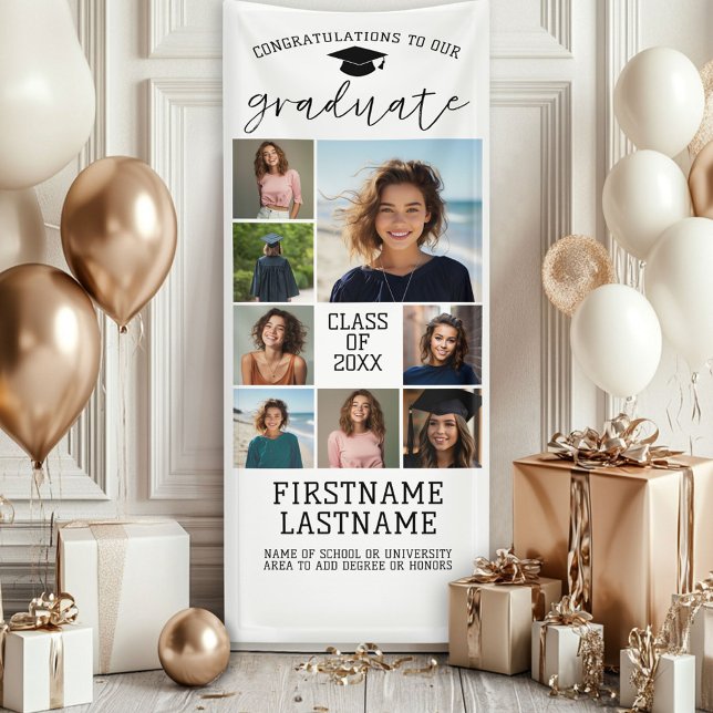 8 Photo Collage Graduation Modern Minimal White Banner (Custom Graduation Photo Banner - Great backdrop and Graduation Party Decoration)