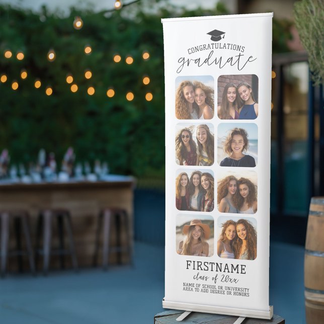 8 Photo Collage Graduation Modern Minimal White Retractable Banner (Custom Graduation Banner Stand - Photo Collage with Modern Black and White Design)