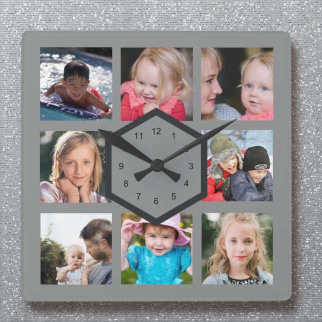 8 Photo Collage Gray Square Wall Clock (Creator Uploaded)