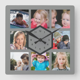 8 Photo Collage Gray Square Wall Clock