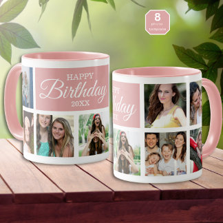 8 Photo Collage Happy Birthday Pink Mug