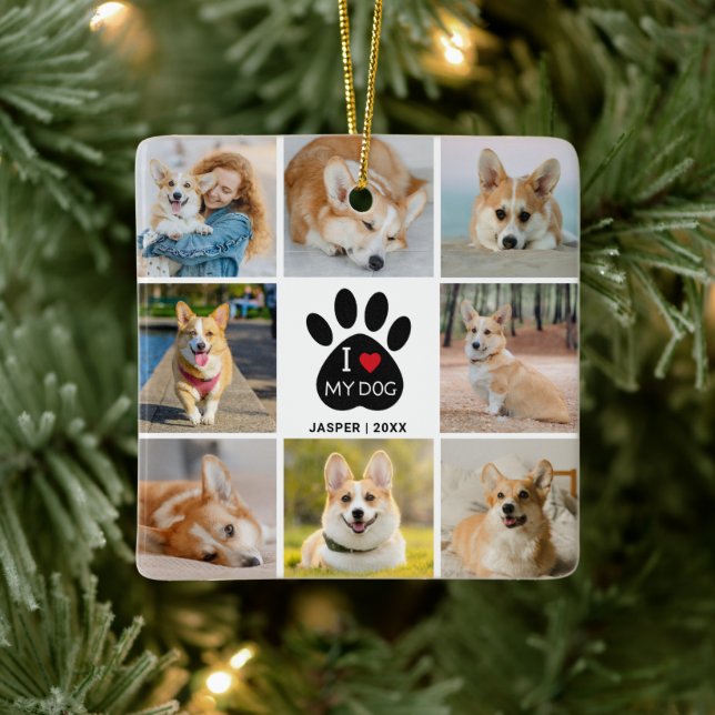 8 Photo Collage I Love My Dog Heart Paw Print Ceramic Ornament (Tree)