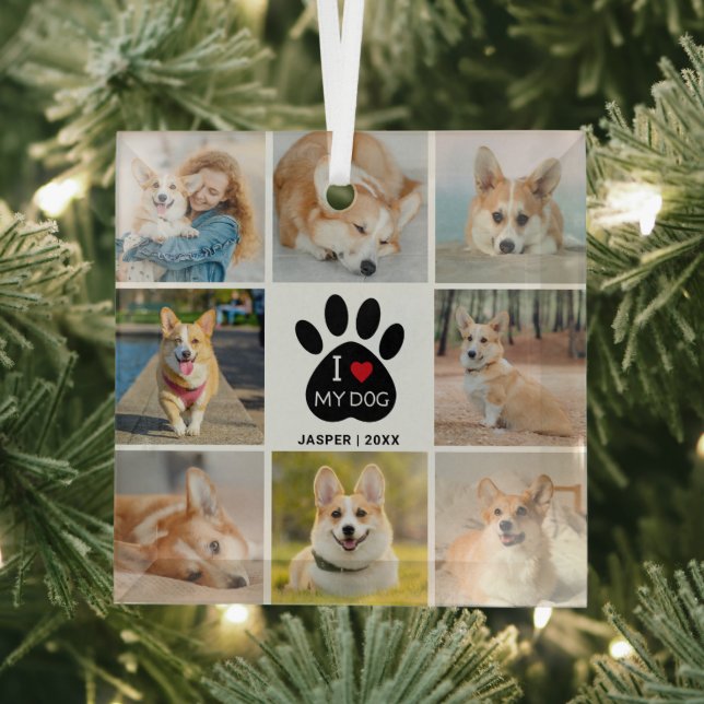 8 Photo Collage I Love My Dog Heart Paw Print  Glass Ornament (Insitu)