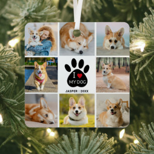 8 Photo Collage I Love My Dog Heart Paw Print Metal Ornament