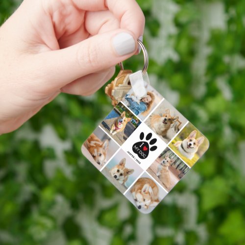 8 Photo Collage I Love My Dog Paw Print   Keychain