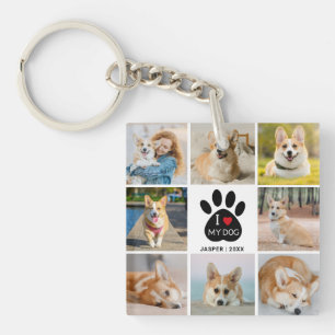 8 Photo Collage I Love My Dog Paw Print Keychain