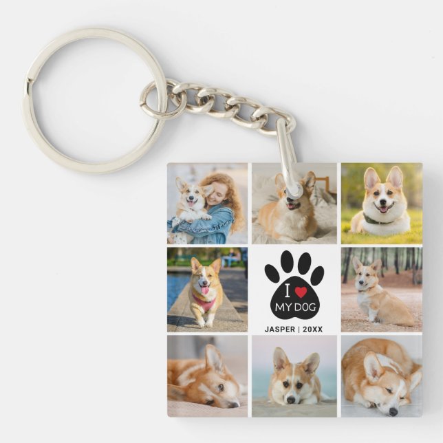 8 Photo Collage I Love My Dog Paw Print  Keychain (Front)