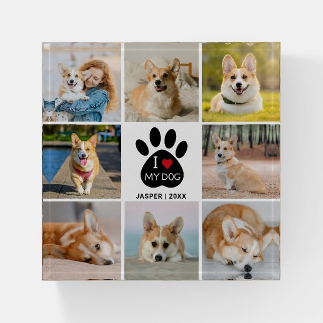 8 Photo Collage I Love My Dog Paw Print  Paperweight (Front)