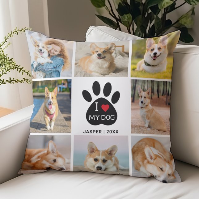 8 Photo Collage I Love My Dog Paw Print Throw Pillow (8 Photo Collage, Add Name and Year, I Love My Dog Pillow)