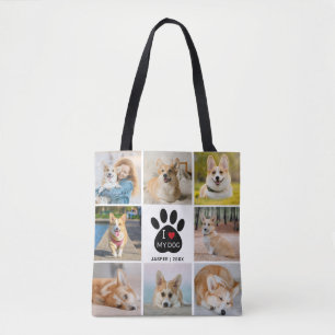 8 Photo Collage I Love My Dog Paw Print Tote Bag