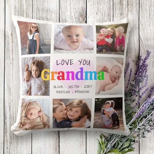8 Photo Collage Love You Grandma Colorful Modern Throw Pillow