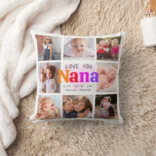 8 Photo Collage Love You Nana Colorful Bold Modern Throw Pillow