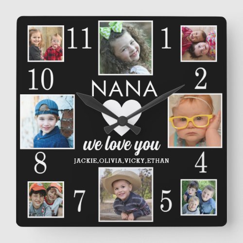 8 Photo  Collage Love You Nana Grandkids Black Square Wall Clock