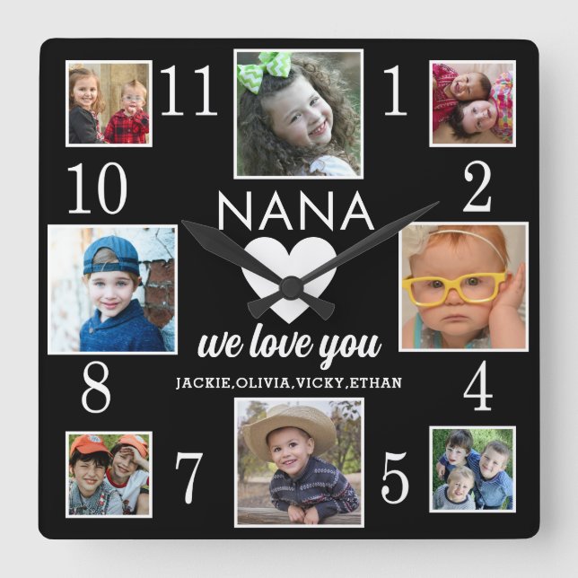 8 Photo  Collage Love You Nana Grandkids Black Square Wall Clock (Front)